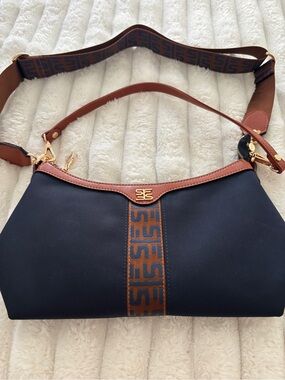 Women's Navy/Black and Brown Shoulder Bag with Gold Accent